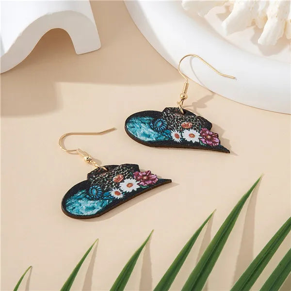 1 Pair Bohemian Cowboy Style Flower Printing Wood Drop Earrings