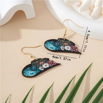 1 Pair Bohemian Cowboy Style Flower Printing Wood Drop Earrings