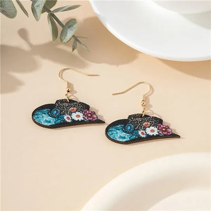 1 Pair Bohemian Cowboy Style Flower Printing Wood Drop Earrings