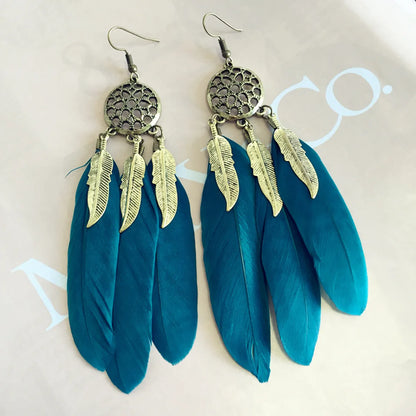 1 Pair Bohemian Dreamcatcher Plating Feather Drop Earrings