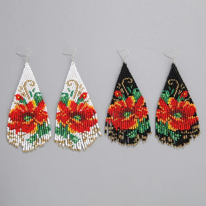 1 Pair Bohemian Flower Beaded Tassel Seed Bead Drop Earrings