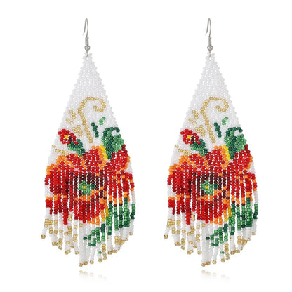 1 Pair Bohemian Flower Beaded Tassel Seed Bead Drop Earrings