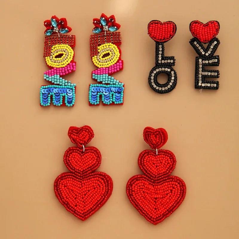 1 Pair Bohemian Heart Shape Patchwork Seed Bead Drop Earrings