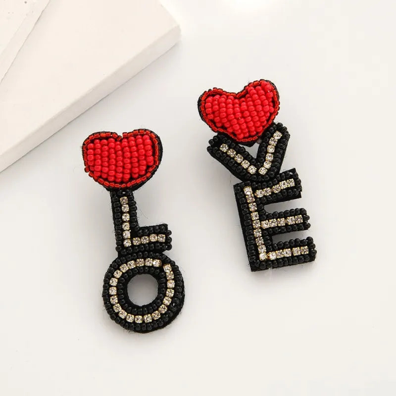 1 Pair Bohemian Heart Shape Patchwork Seed Bead Drop Earrings