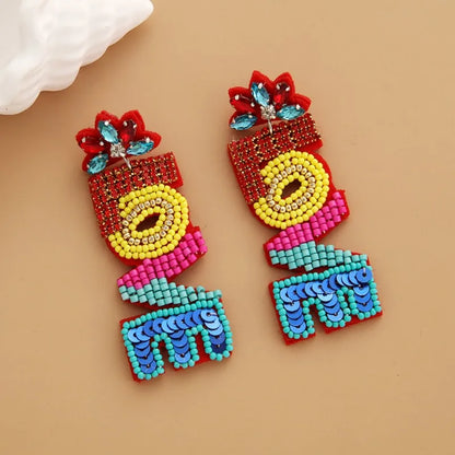 1 Pair Bohemian Heart Shape Patchwork Seed Bead Drop Earrings