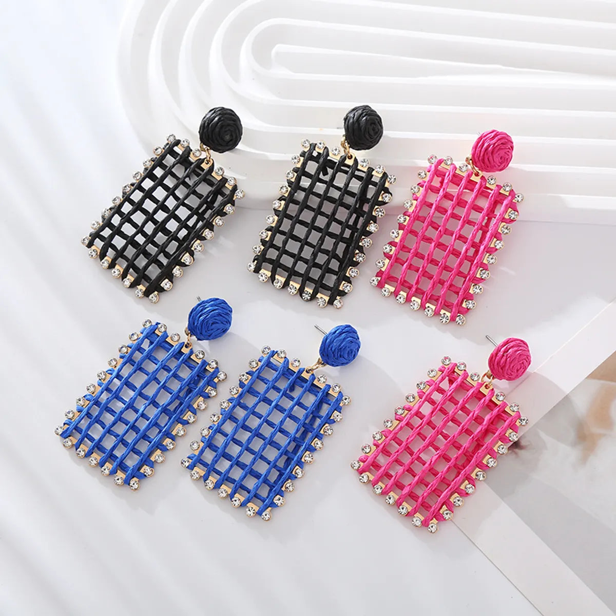 1 Pair Bohemian Rectangle Inlay Alloy Raffia Rhinestones Drop Earrings