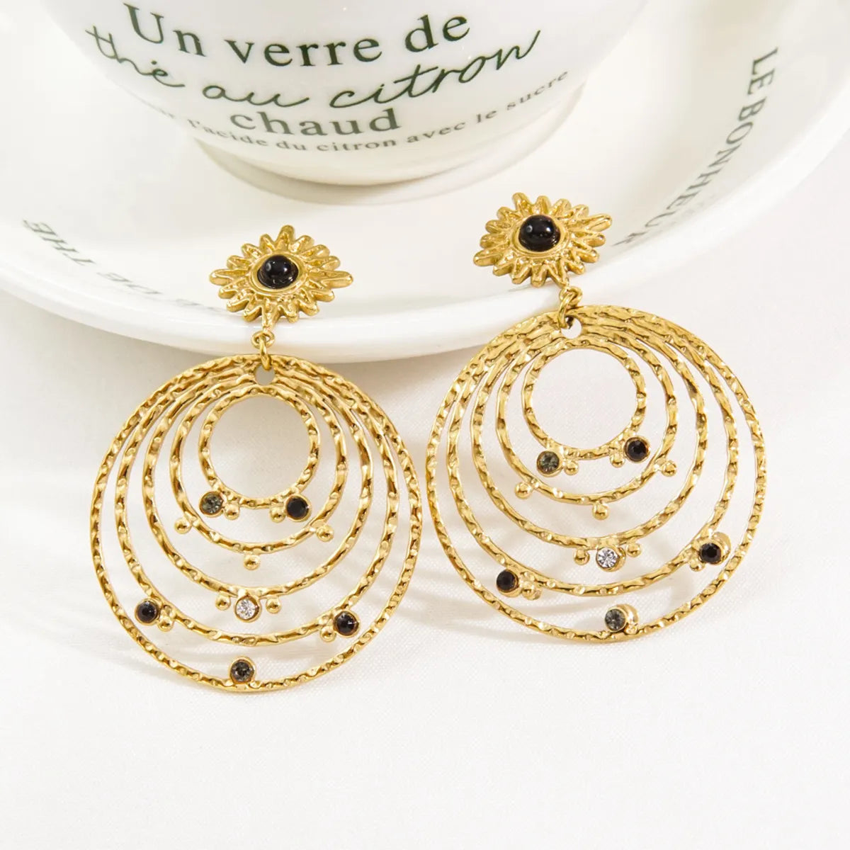 1 Pair Bohemian Round Plating Inlay Stainless Steel Natural Stone Zircon Drop Earrings