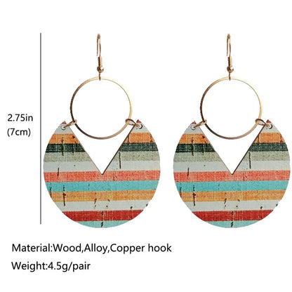 1 Pair Bohemian Stripe Flower Patchwork Alloy Wood Chandelier Earrings