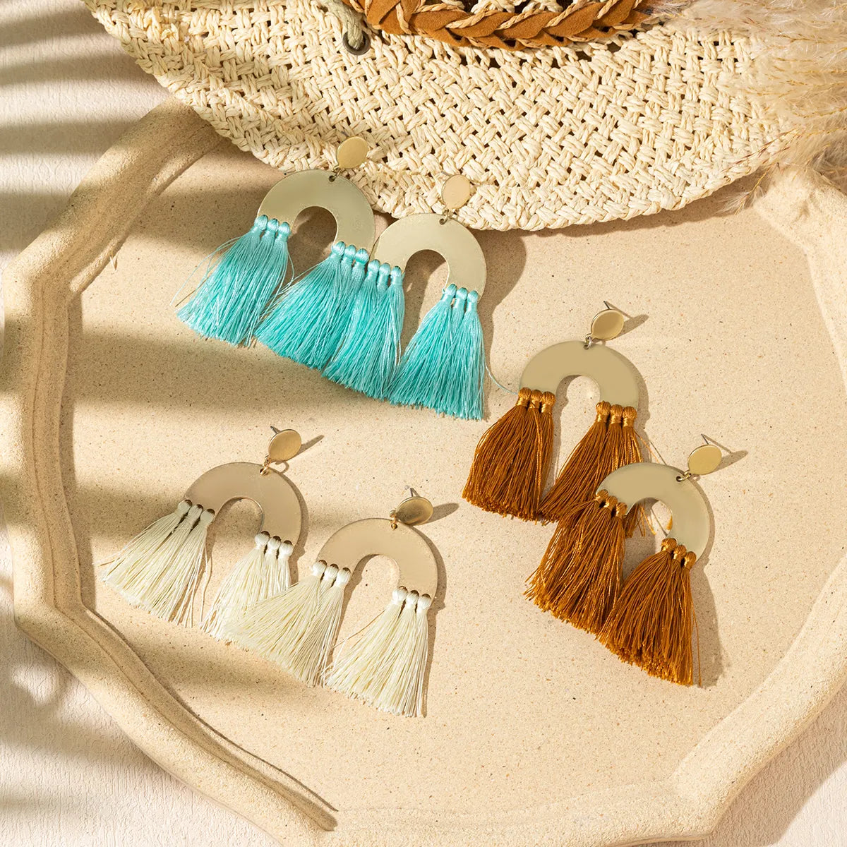 1 Pair Bohemian U Shape Tassel Wood Dangling Earrings