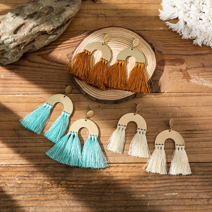 1 Pair Bohemian U Shape Tassel Wood Dangling Earrings