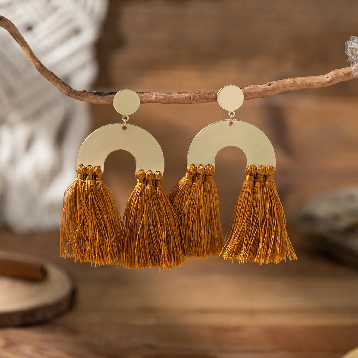 1 Pair Bohemian U Shape Tassel Wood Dangling Earrings