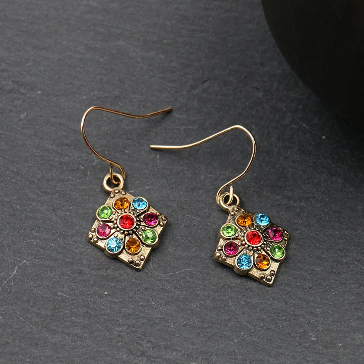 1 Pair Bohemian Water Droplets Flower Rhombus Enamel Inlay Alloy Rhinestones Drop Earrings