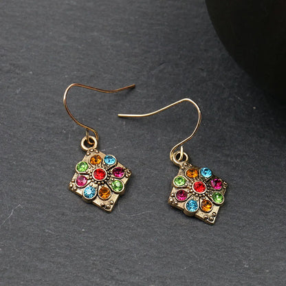 1 Pair Bohemian Water Droplets Flower Rhombus Enamel Inlay Alloy Rhinestones Drop Earrings