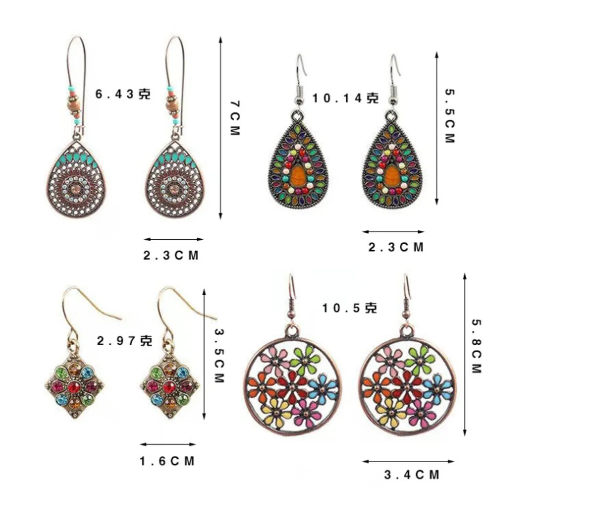 1 Pair Bohemian Water Droplets Flower Rhombus Enamel Inlay Alloy Rhinestones Drop Earrings