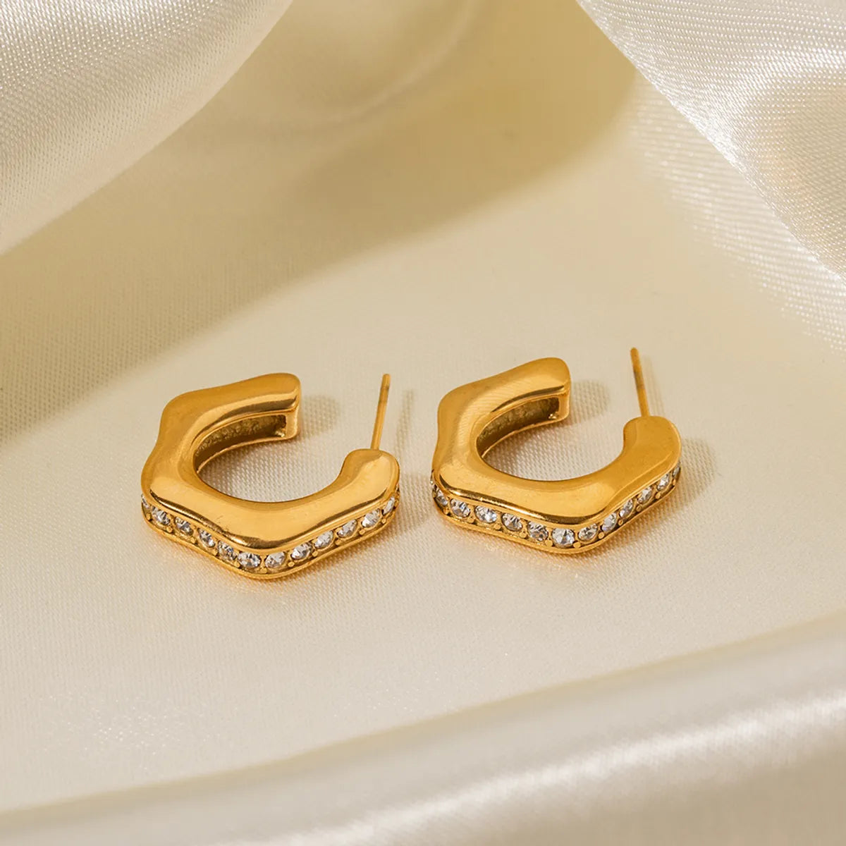 1 Pair Business C Shape Plating Inlay Stainless Steel Zircon 18k Gold Plated Ear Studs