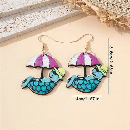 1 Pair Cartoon Style Beach Tortoise Animal Umbrella Wood Drop Earrings