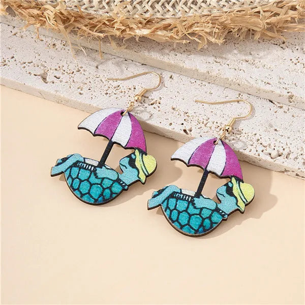 1 Pair Cartoon Style Beach Tortoise Animal Umbrella Wood Drop Earrings