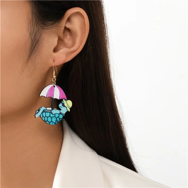 1 Pair Cartoon Style Beach Tortoise Animal Umbrella Wood Drop Earrings