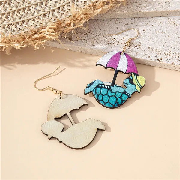 1 Pair Cartoon Style Beach Tortoise Animal Umbrella Wood Drop Earrings