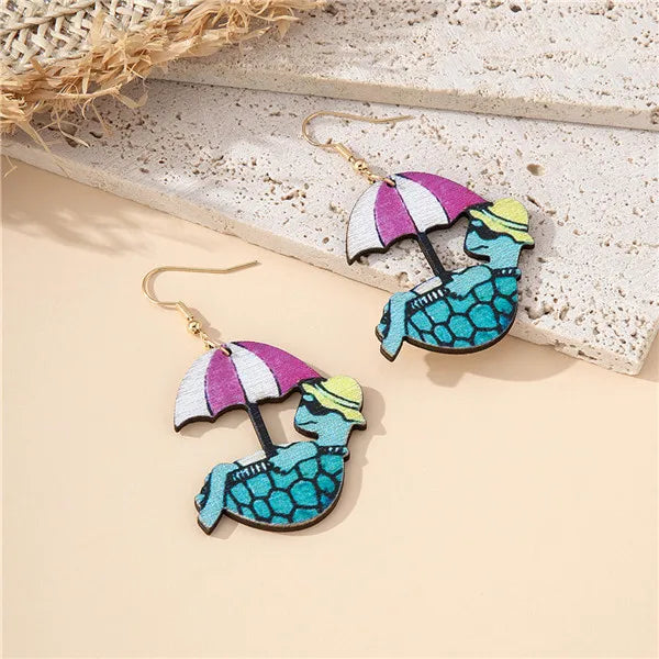 1 Pair Cartoon Style Beach Tortoise Animal Umbrella Wood Drop Earrings