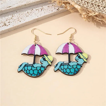 1 Pair Cartoon Style Beach Tortoise Animal Umbrella Wood Drop Earrings