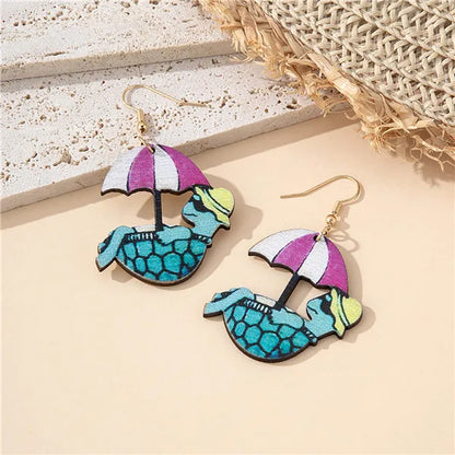 1 Pair Cartoon Style Beach Tortoise Animal Umbrella Wood Drop Earrings