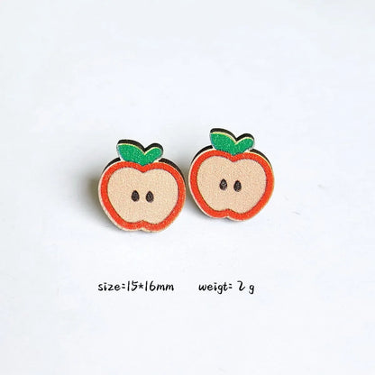 1 Pair Cartoon Style Book Rainbow Apple Wood Printing Women'S Ear Studs