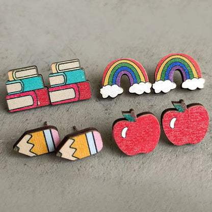 1 Pair Cartoon Style Book Rainbow Pencil Wood Women's Ear Studs