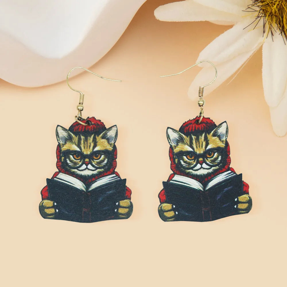 1 Pair Cartoon Style Cute Artistic Book Cat Wood Drop Earrings