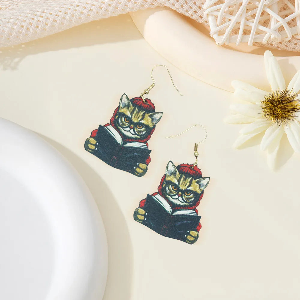 1 Pair Cartoon Style Cute Artistic Book Cat Wood Drop Earrings