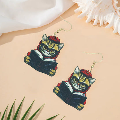 1 Pair Cartoon Style Cute Artistic Book Cat Wood Drop Earrings