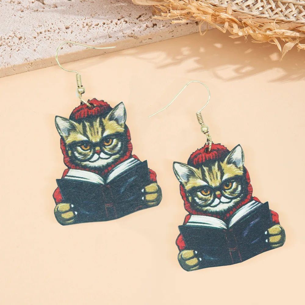 1 Pair Cartoon Style Cute Artistic Book Cat Wood Drop Earrings