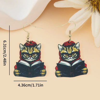 1 Pair Cartoon Style Cute Artistic Book Cat Wood Drop Earrings