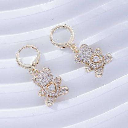 1 Pair Cartoon Style Cute Bear Heart Shape Inlay Copper Zircon Drop Earrings