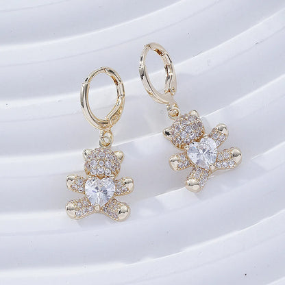 1 Pair Cartoon Style Cute Bear Heart Shape Inlay Copper Zircon Drop Earrings