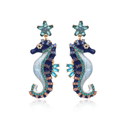 1 Pair Cartoon Style Cute Hippocampus Enamel Zinc Alloy Rhinestones Drop Earrings