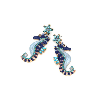 1 Pair Cartoon Style Cute Hippocampus Enamel Zinc Alloy Rhinestones Drop Earrings