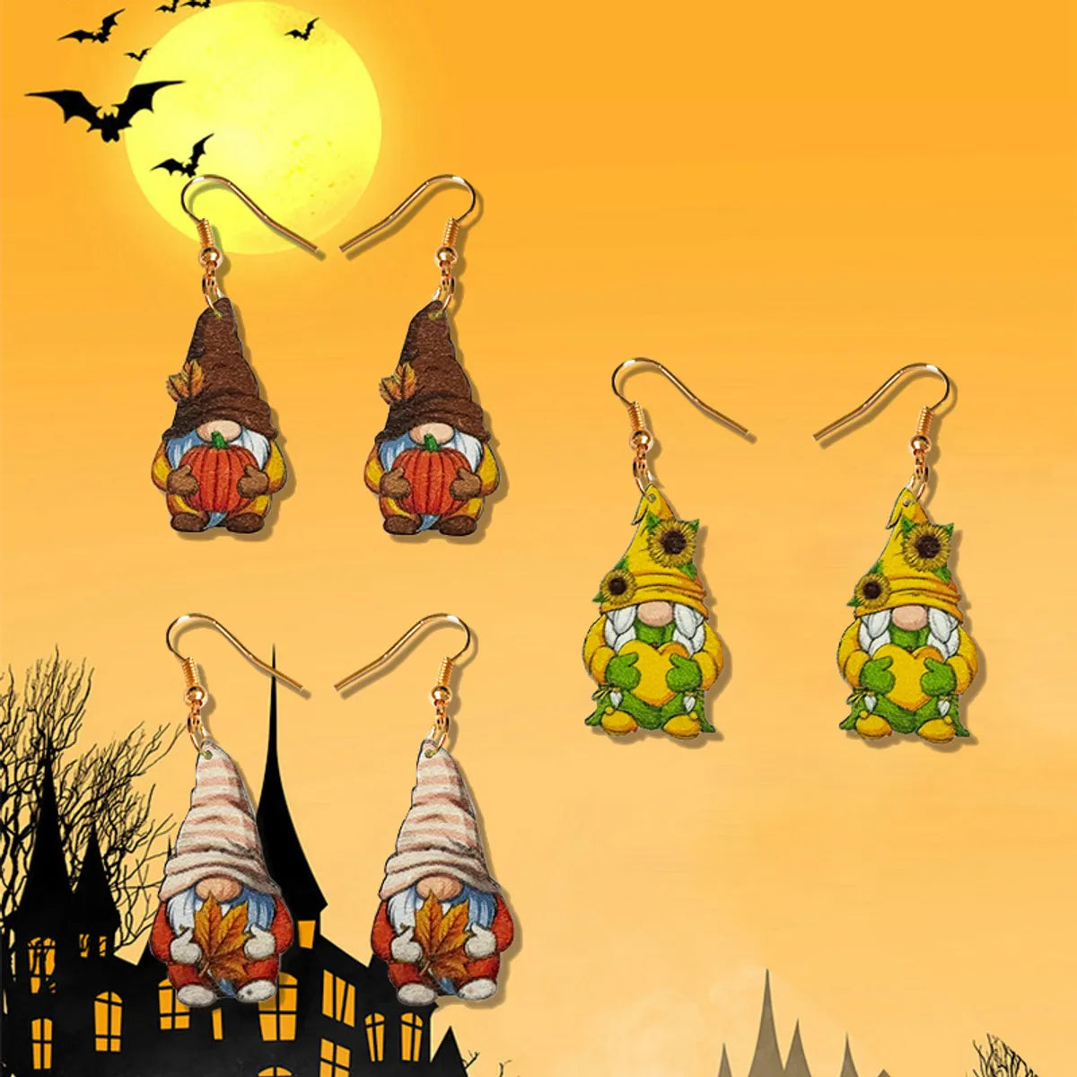 1 Pair Cartoon Style Cute Pumpkin Sunflower Maple Leaf Wood Drop Earrings