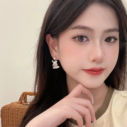 1 Pair Cartoon Style Cute Rabbit Enamel Stoving Varnish Plating Imitation Pearl Alloy Drop Earrings