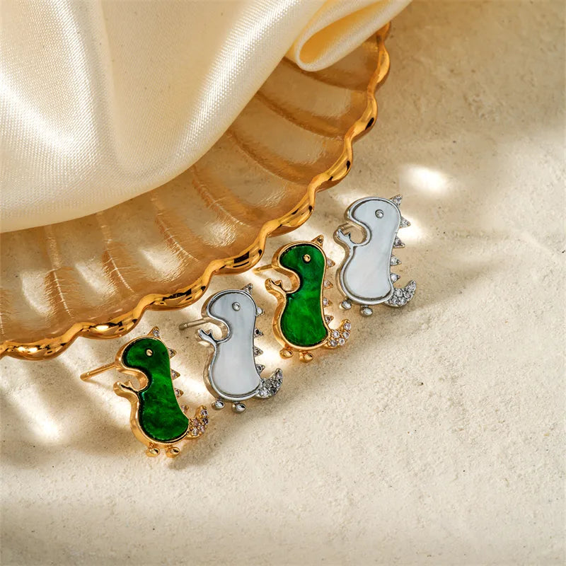 1 Pair Cartoon Style Cute Shiny Dinosaur Inlay Copper Zircon K Gold Plated Ear Studs