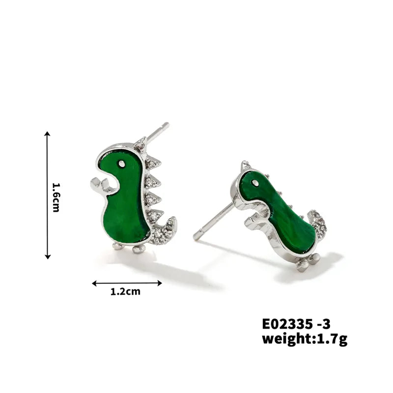 1 Pair Cartoon Style Cute Shiny Dinosaur Inlay Copper Zircon K Gold Plated Ear Studs