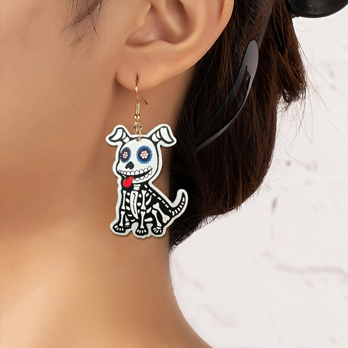 1 Pair Cartoon Style Gothic Funny Animal Dog Skull Arylic Drop Earrings