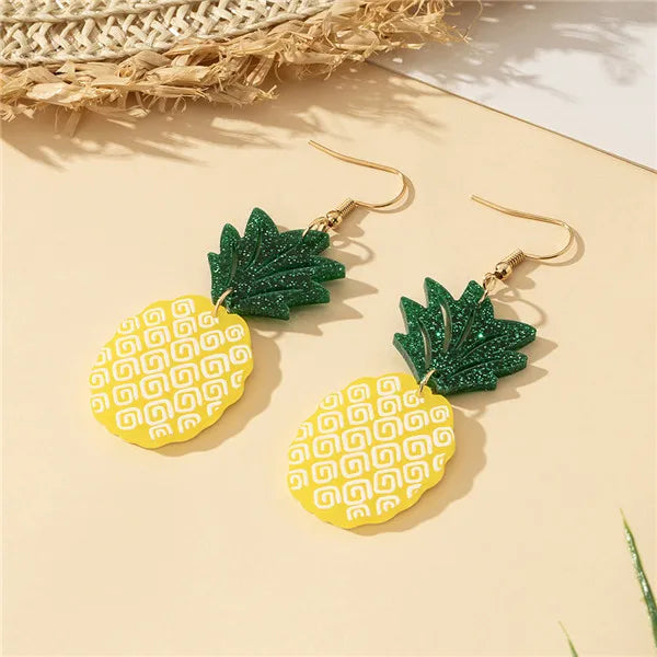 1 Pair Cartoon Style Hawaiian Fruit Pineapple Slice Printing Arylic Drop Earrings