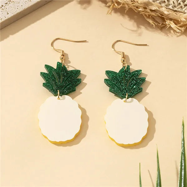 1 Pair Cartoon Style Hawaiian Fruit Pineapple Slice Printing Arylic Drop Earrings