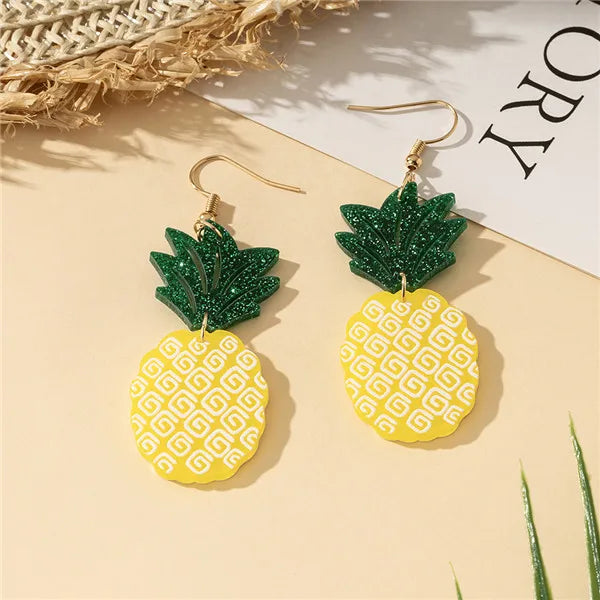 1 Pair Cartoon Style Hawaiian Fruit Pineapple Slice Printing Arylic Drop Earrings