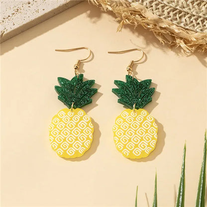 1 Pair Cartoon Style Hawaiian Fruit Pineapple Slice Printing Arylic Drop Earrings