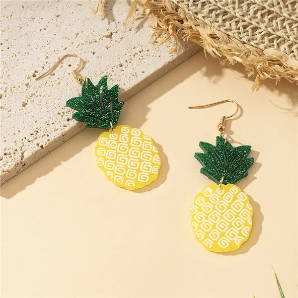 1 Pair Cartoon Style Hawaiian Fruit Pineapple Slice Printing Arylic Drop Earrings