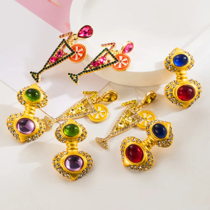 1 Pair Cartoon Style Modern Style Classic Style Cup Gourd Inlay Alloy Rhinestones 14K Gold Plated Drop Earrings