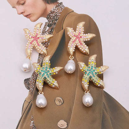 1 Pair Casual Beach Starfish Inlay Zinc Alloy Rhinestones Pearl Drop Earrings