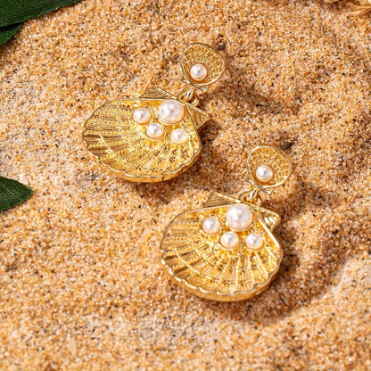 1 Pair Casual Beach Starfish Shell Inlay Alloy Pearl Drop Earrings Ear Studs